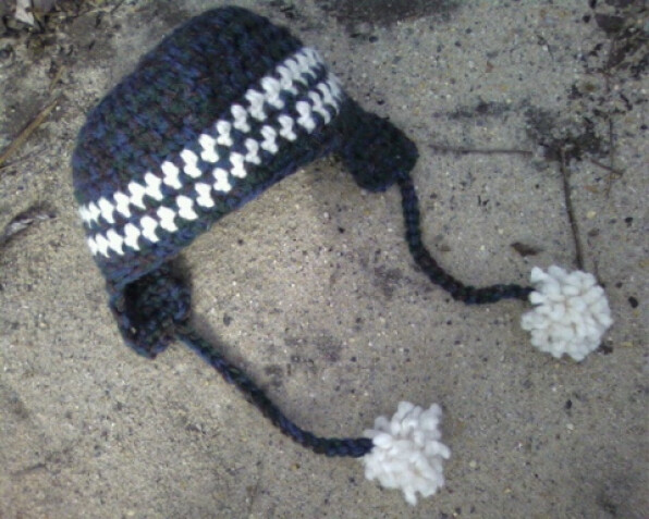 Detailed image 1 of gray with white stripes earflaps beanie hat