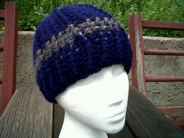 Detailed image 1 of blue with gray stripe beanie hat