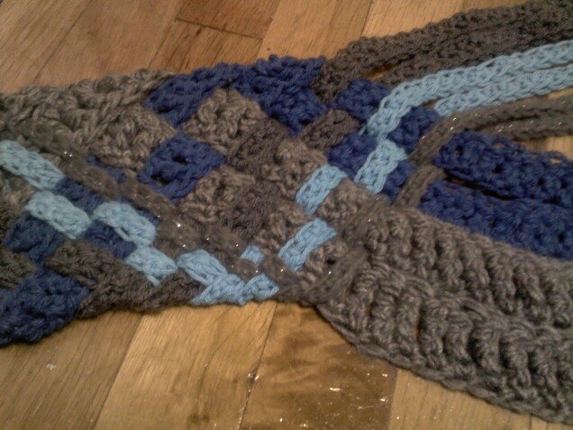 Detailed image 3 of woven gray & blue crisscross infinity scarf