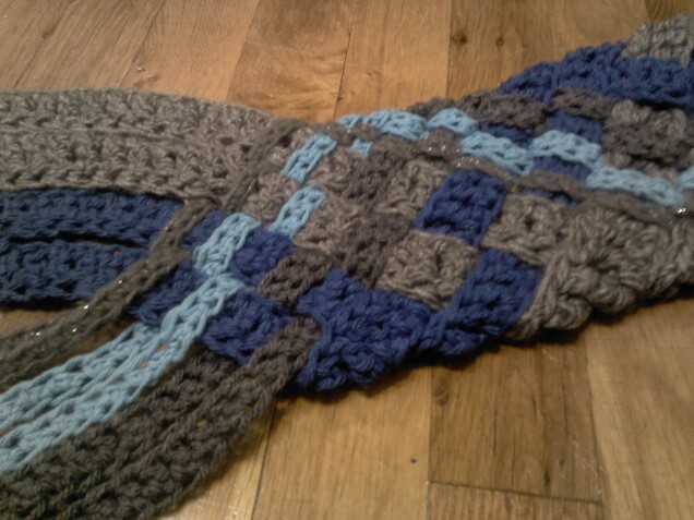 Detailed image 4 of woven gray & blue crisscross infinity scarf