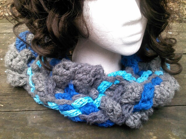 Detailed image 1 of woven gray & blue crisscross infinity scarf