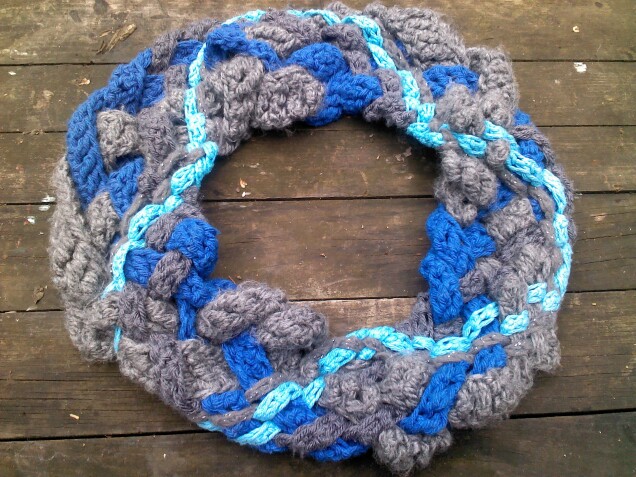 Detailed image 7 of woven gray & blue crisscross infinity scarf