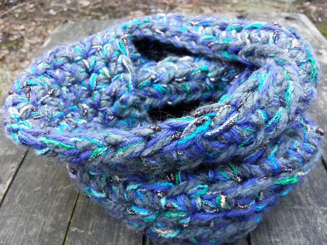 Detailed image 4 of metallic blue infinity scarf