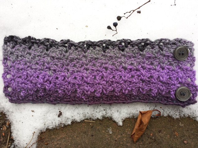 Detailed image 4 of pine forest wrist warmer in purple