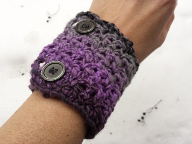 Detailed image 1 of pine forest wrist warmer in purple