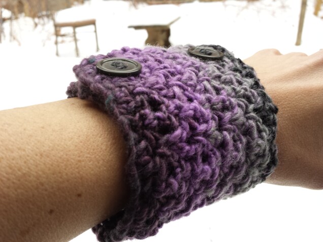 Detailed image 3 of pine forest wrist warmer in purple