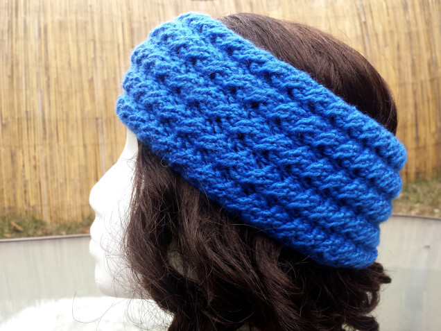 Detailed image 2 of blue cabled earwarmer headband