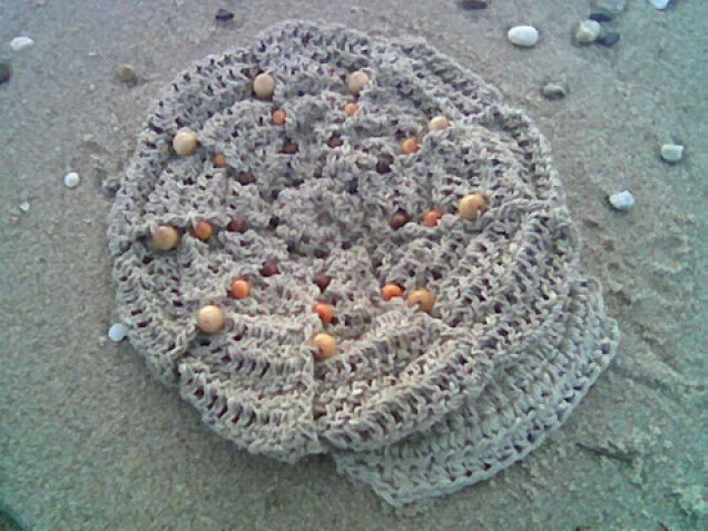 Detailed image 1 of hemp tam hat with wood beads & visor