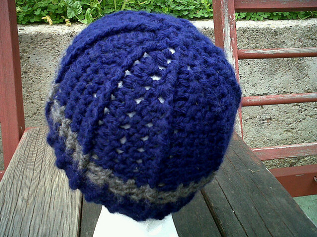 Detailed image 2 of blue with gray stripe beanie hat