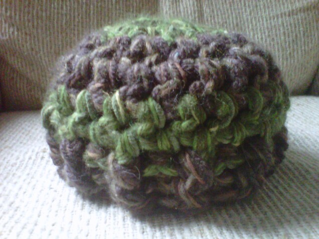 Detailed image 1 of brown & green stripe chunky beanie hat