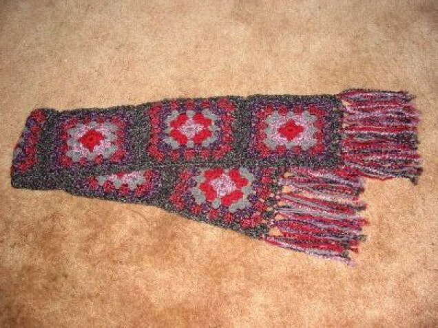 Detailed image 1 of purple, red, & gray squares scarf