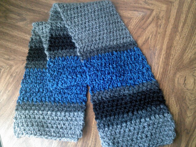 Detailed image 1 of blue, black, & gray stripe scarf