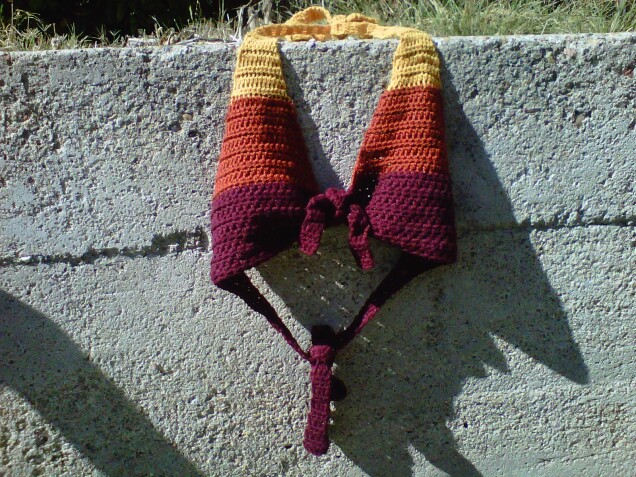 Detailed image 1 of maroon, orange, & gold stripe bikini top