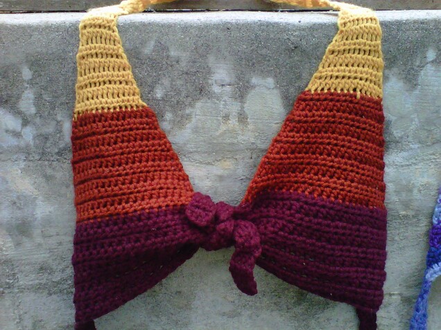 Detailed image 3 of maroon, orange, & gold stripe bikini top