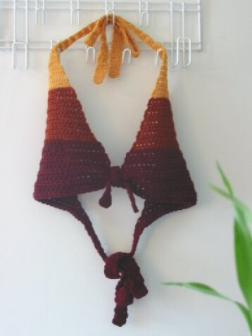 Detailed image 2 of maroon, orange, & gold stripe bikini top