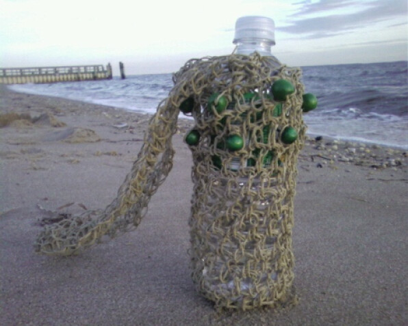 Detailed image 1 of hemp with green beads water bottle holder