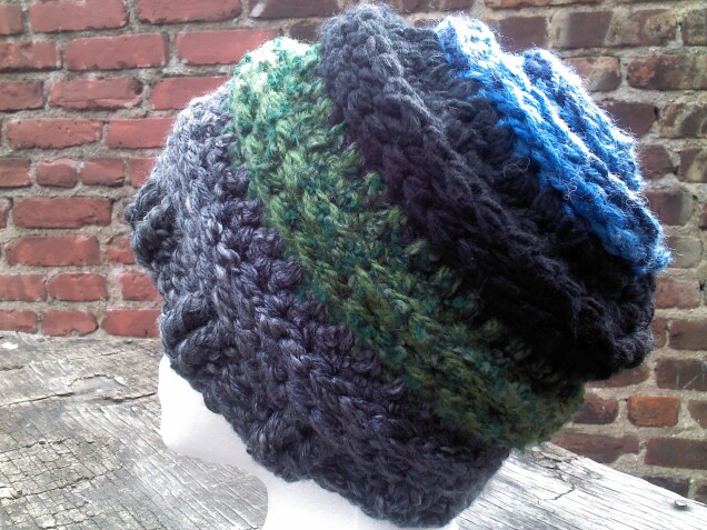 Detailed image 5 of blue, black, green, & gray slouch hat
