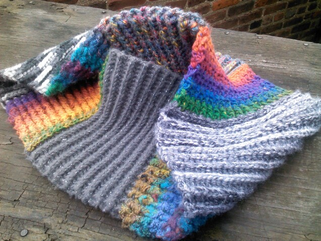Detailed image 4 of rainbow & gray infinity cowl scarf