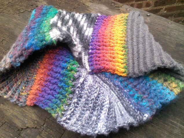 Detailed image 1 of rainbow & gray infinity cowl scarf