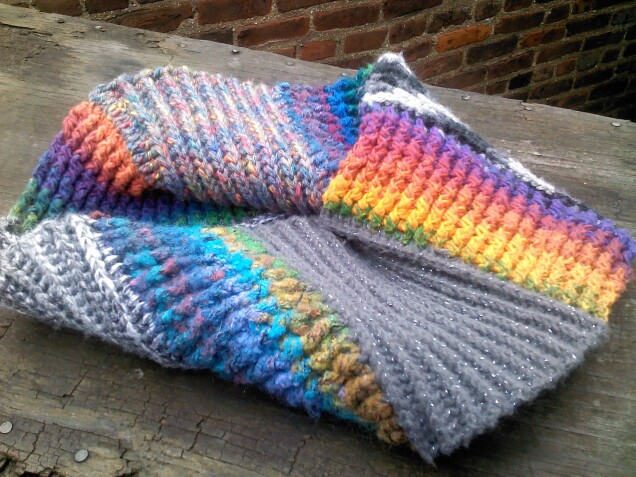 Detailed image 2 of rainbow & gray infinity cowl scarf